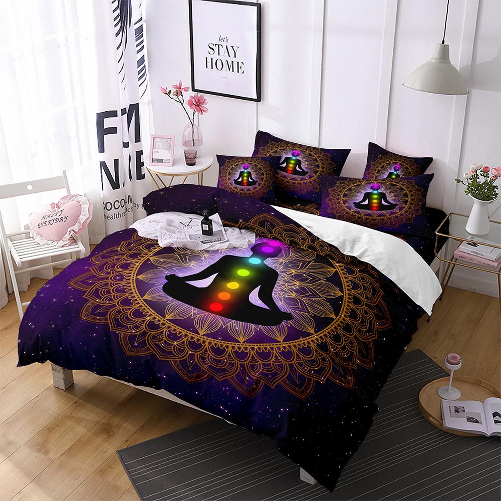 Yoga Duvet Cover King Queen Chakra Meditation Bedding Set Blue Mandala Boho Hippie Style With Chakra Art microfiberQuilt Cover