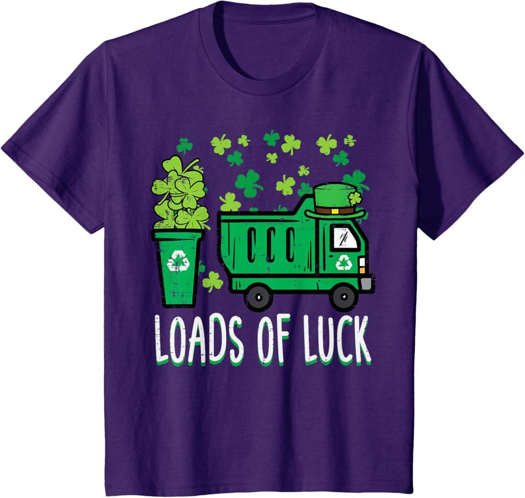 Garbage Truck Loads Of Luck St Patricks Day Graphic Tee Recycle Theme Short Sleeve T-Shirt