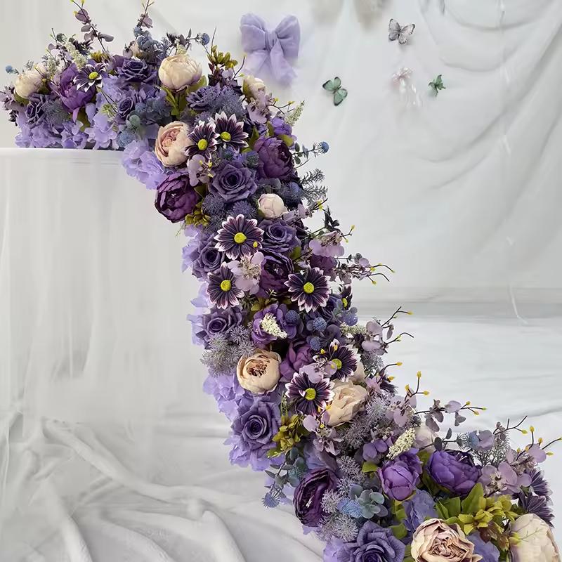 

Uflower 200cm Atficial Purple Flower Row Runner Elegant Artificial Center Stage Background for Wedding Party Home Decoration 50x30cm