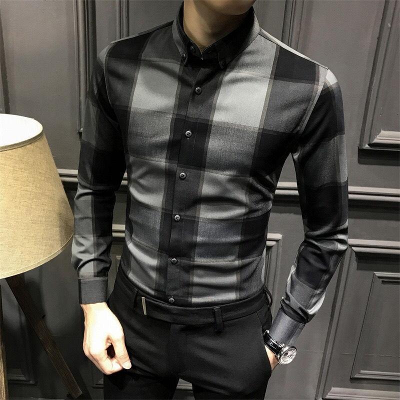 

Контрастные цвета Клетчатые приталенные рубашки Мужская одежда Отложной воротник Весна Осень Деловой кэжуал Корейские однобортные рубашки L чёрный