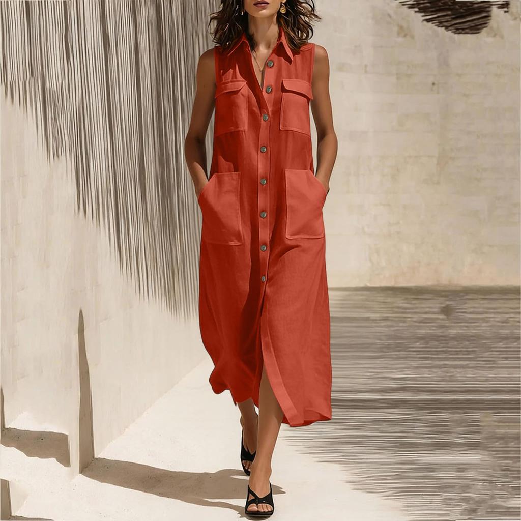 Ärmelloses Maxikleid mit Knopfleiste, Kragen und Taschen, lockere Passform, lässiges langes Kleid für Damen, Sommermode