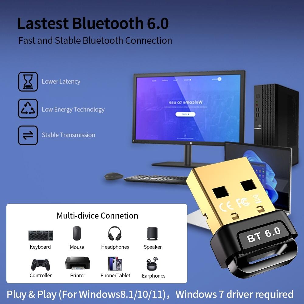 USB Bluetooth 6.0 Adapter Wireless Audio Receiver Transmitter Bluetooth 6.0 Dongle for PC Laptop Keyboard Mouse Headphone Speak