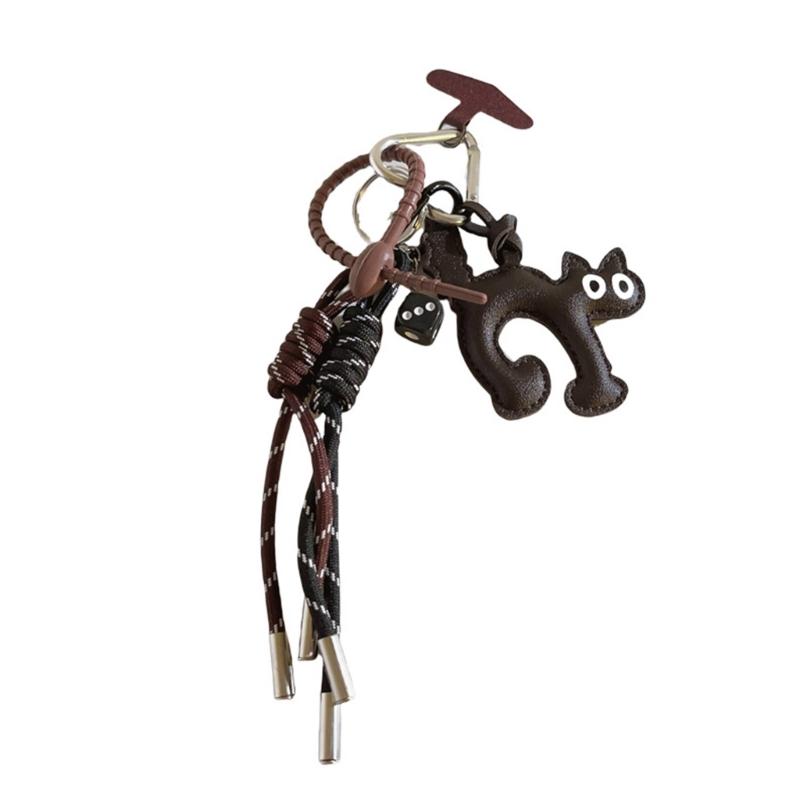 Elegant PU Leather Cat Pendant Keychain Braided Rope Phone Charm for Fashion Accessories Backpack Hanging Ornament