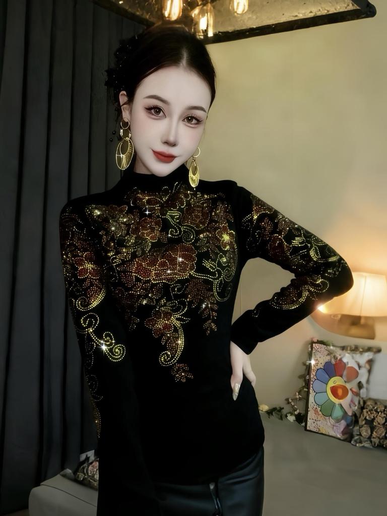 Haut élégant pour femme Automne/Hiver à manches longues, col semi-montant, strass
