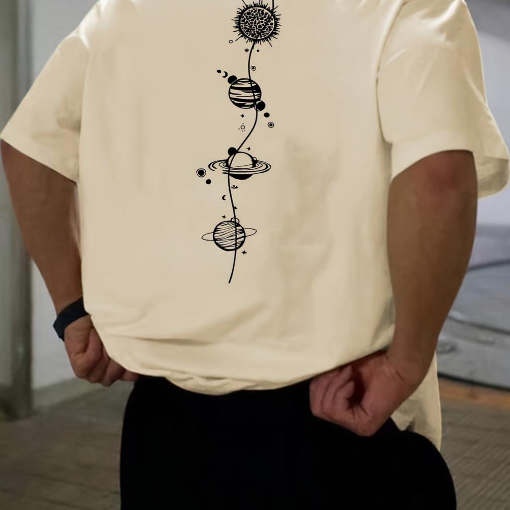 Men's 100% Pure Cotton Summer Loose Size Planet Graphic Design Print Casual Comfortable Round Neck Short Sleeved T-shirt Top