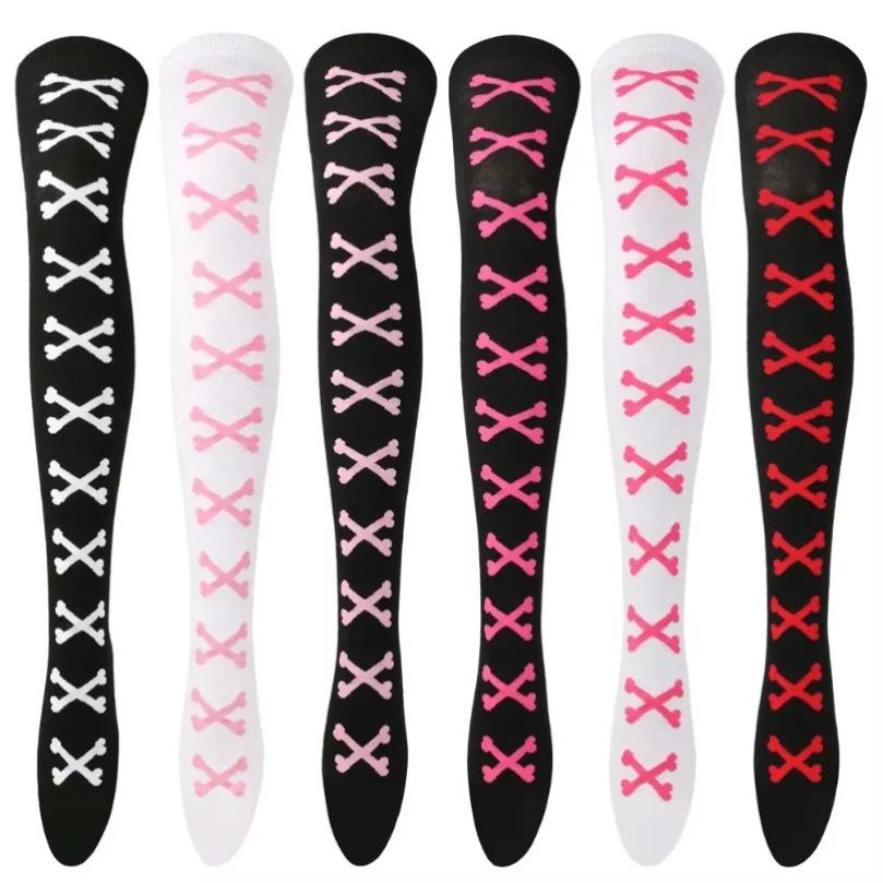Oberschenkelhohe Socke Damenstrümpfe Knochen Damen Halloween Schwarz Weiß Rosa Gestreift Lang Über dem Knie Socke Lustig Cosplay Harajuku