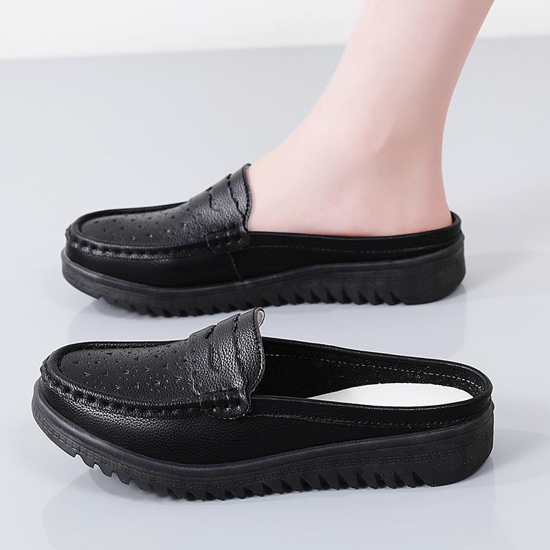 Women Soft Mules Loafers Slip on Casual Elegant Summer Slippers Breathable Leather Sandals Black Moccasin Shoes for Mother