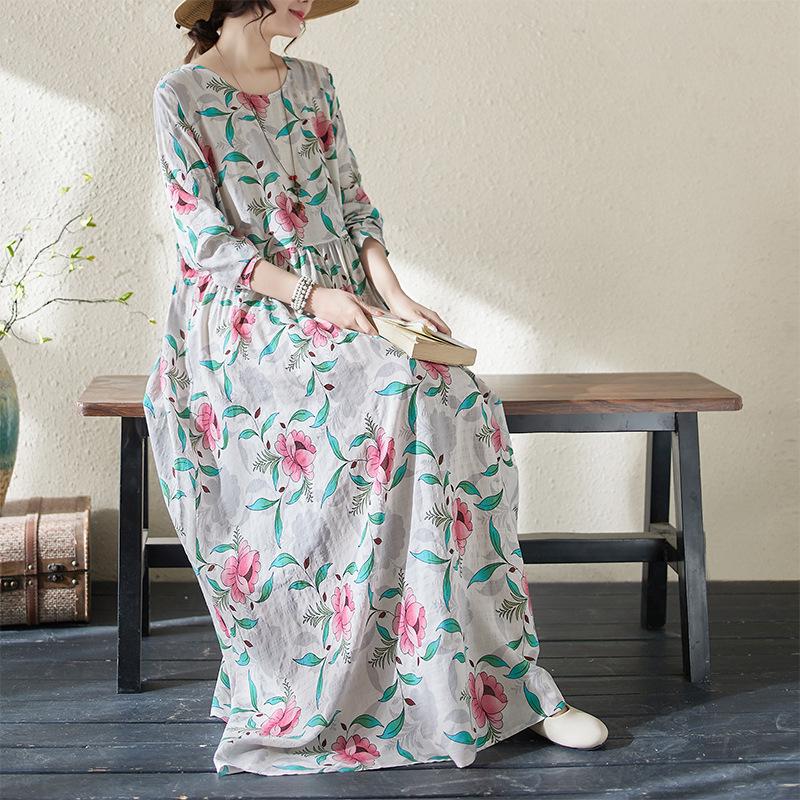 Lazy Wind Pleated High-waisted Thin Fashion Dress Literary Sweet Temperament Printing Ageing Leisure Big Swing Skirt Female