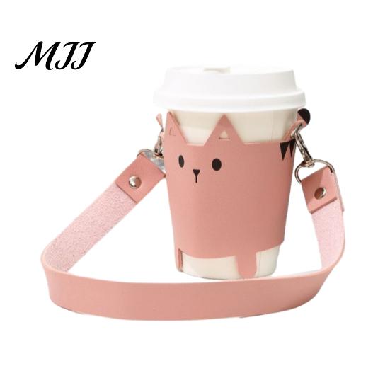 Reusable Coffee Cup Cover Cute Cat PU Leather Sleeve with Lanyard, Insulated for Holder, Portable Protective Travel And Outdoor Use Adjustable Carrier