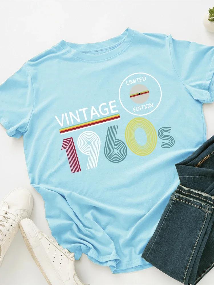 

Винтажная футболка ограниченной серии 1960-х годов с принтом для женщин, короткий рукав, O-образный вырез, свободная женская футболка, женские футболки, топы, Camisetas Mujer XXXL небесно-голубой