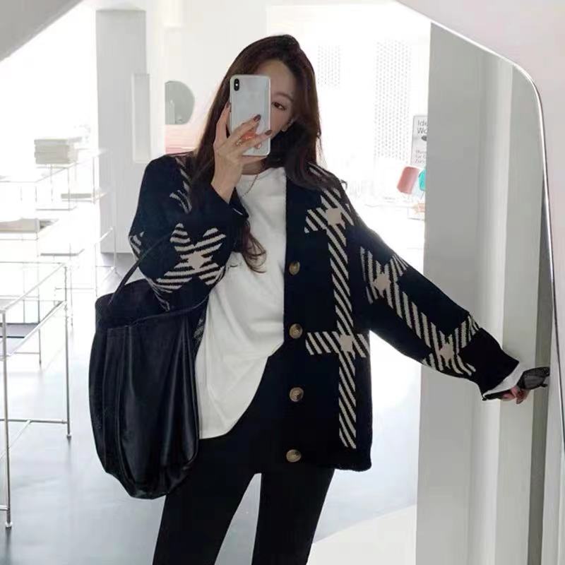 New Black Striped Knitted Cardigan Women Sweater V Neck Spring and Autumn Korean Version Loose Simple Tops Long Sleeve Jacket Casual Office Coats