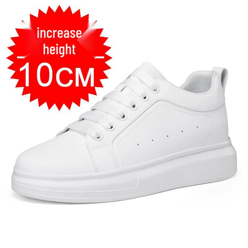 Men's White Height-Increasing Sneakers with Thick Sole, Invisible Inner Lift, and Casual Style, Large Sizes Available, 10cm Boost.