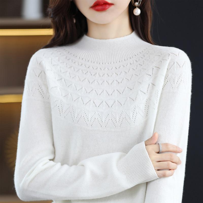 

Осень Зима Половина Высокого Воротника Ажурный Повседневный Модный Свитер с Подкладкой Женский Однотонный Пуловер Вязаный Топ S белый