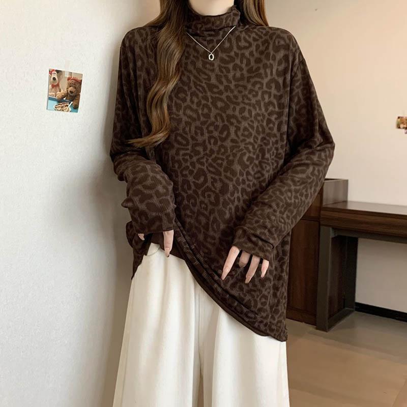 Mikina Velká Velikost Leopardí Vzor Poloviční Vysoký Límec Tištěné Topy s Dlouhým Rukávem Dámské Spodní Tričko