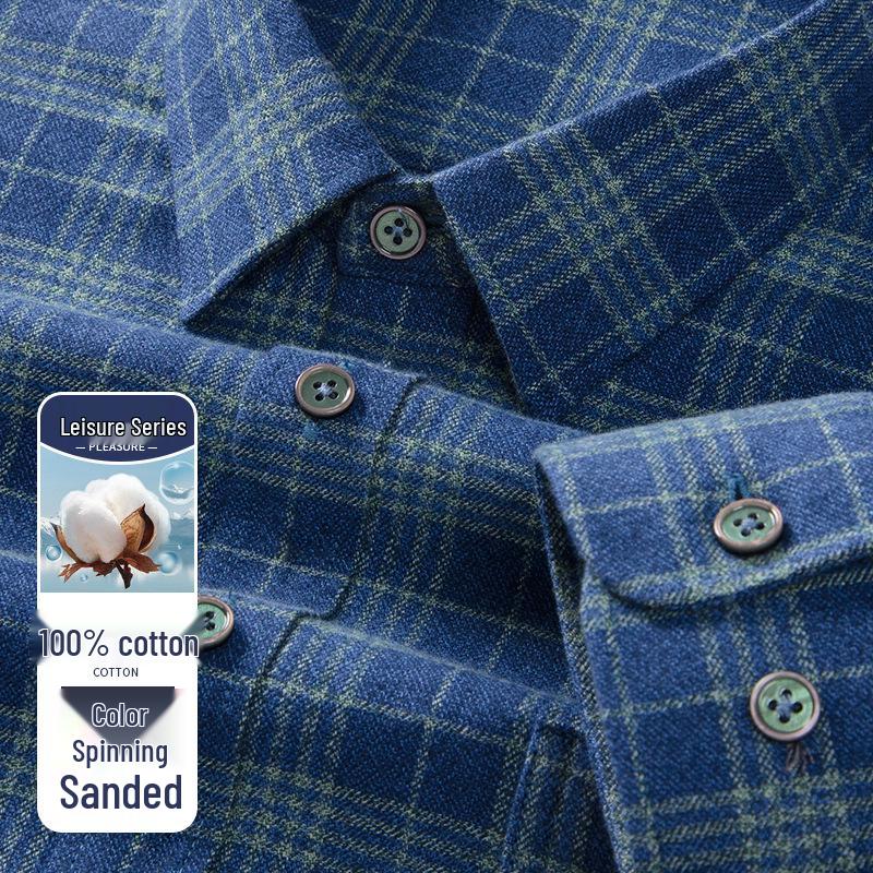 Men's Long Sleeve Brushed Plaid Cotton Shirt - Casual Thickened Shirt for Middle-Aged Dads