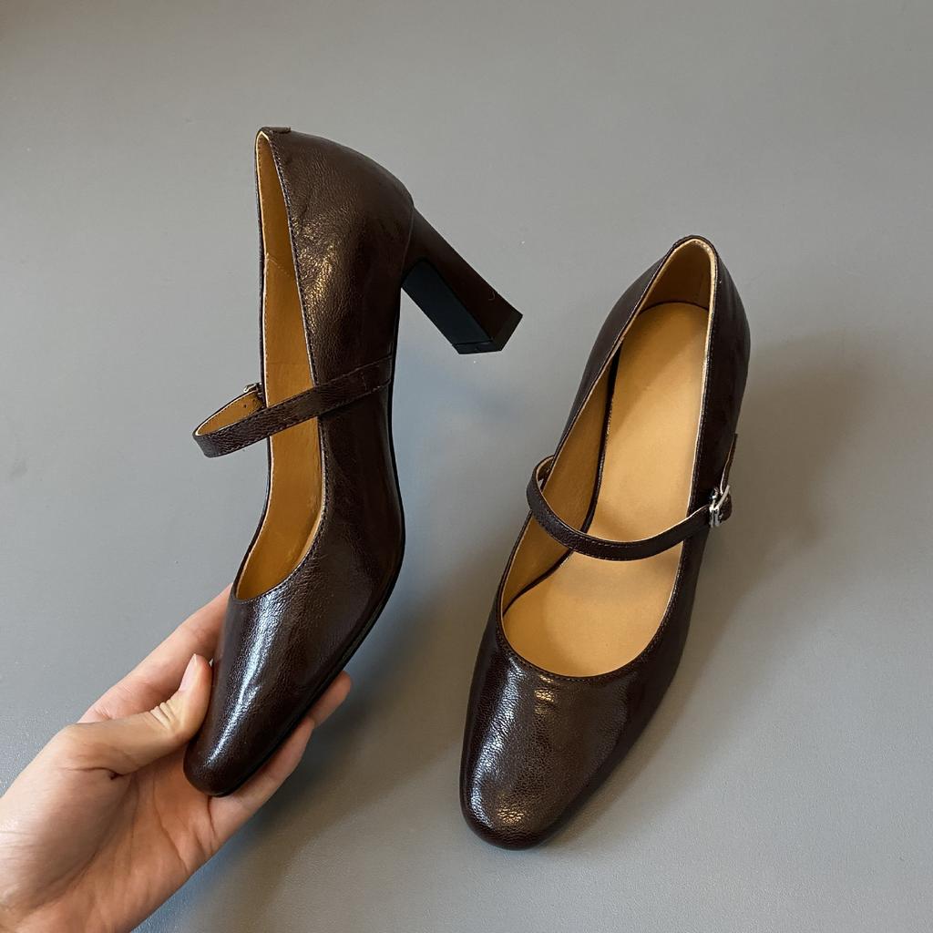 Simple French high heels thick heel with Mary Jane shoes women's brown thin commuter shoes
