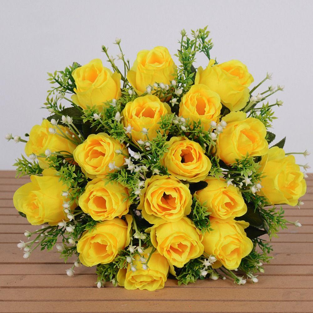 Mini Riktigt Glad Blomma 18 Huvuden Naturlig Simulerad Ros Ny Kristallgräs Bukett Heminredning