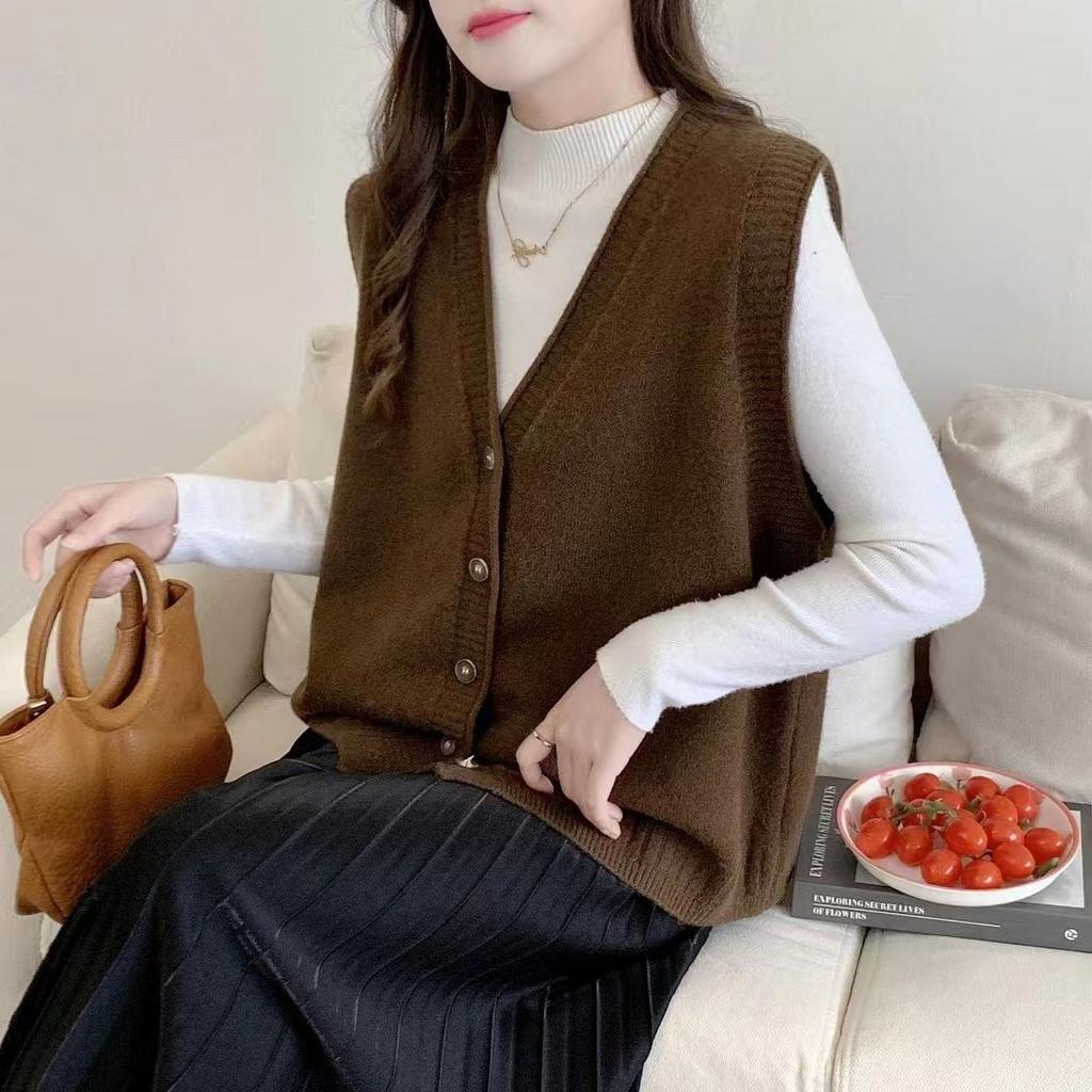Women's Knitted Sweater Vest Loose Cardigan Sleeveless Versatile Shoulder Sweater Autumn and Winter