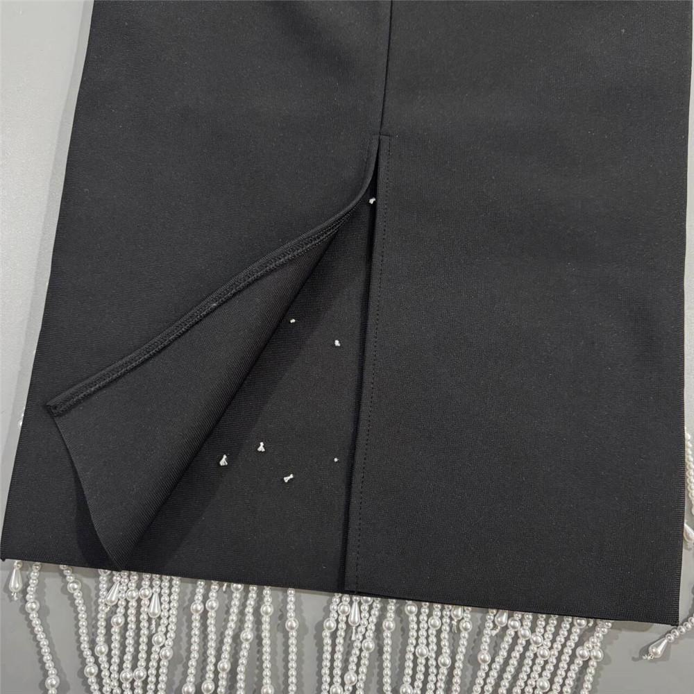European Strapless Beaded Bandage Dress with Elegant Tassels