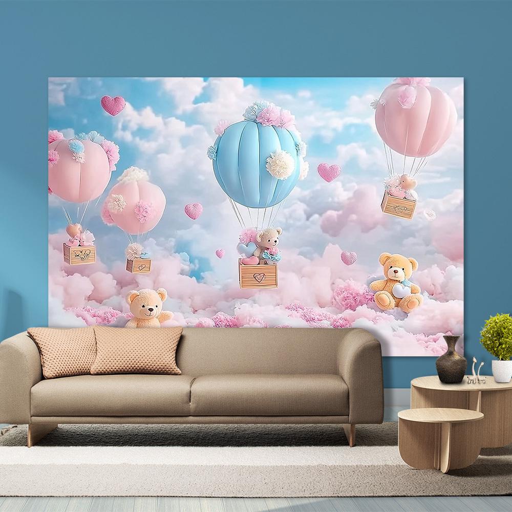Teddy bear and hot air balloon party banner - Seasonal universal polyester fabric decoration