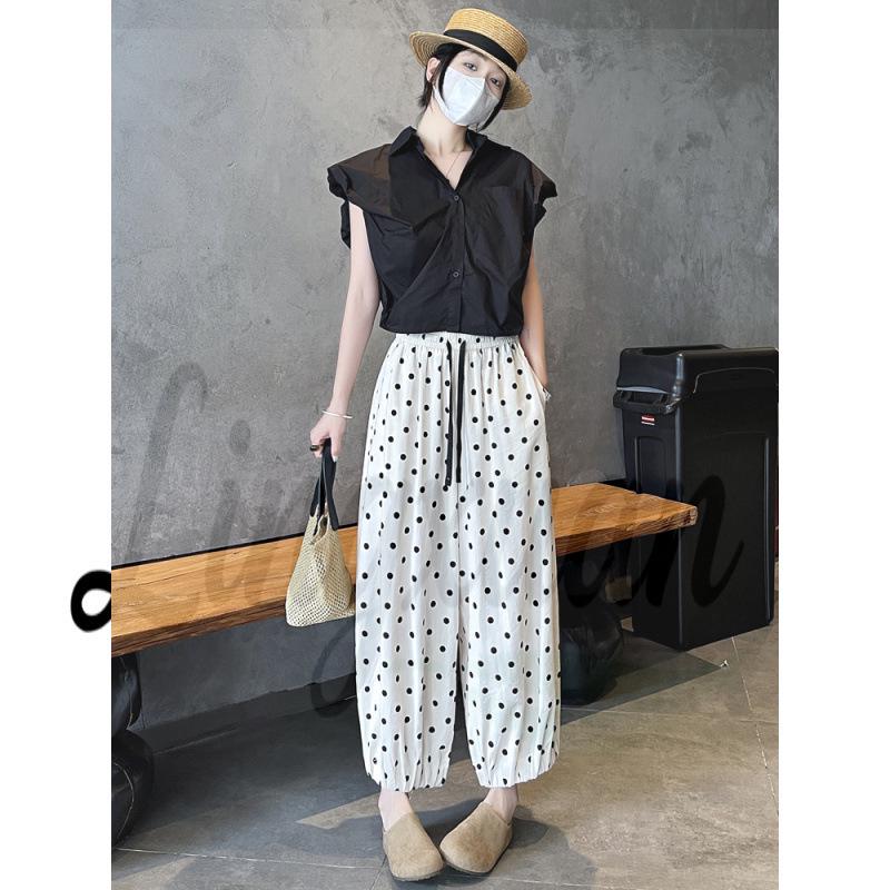 Women s Summer Loose Fit Polka Dot Wide-Leg Pants - Ice Silk, Cotton, Linen Blend Small