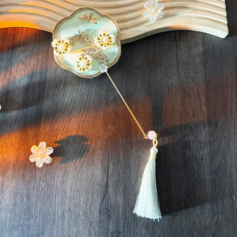 Chinese Style Embroidery Fan With Ancient Style Long Handle Tassel Mini Wedding Fan Chinese Hanfu Cheongsam Dance Hand Fan