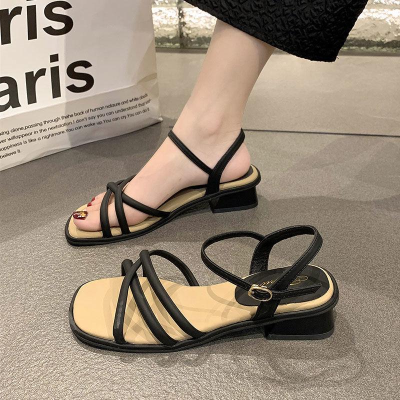 Sandals women's summer 2025 new fashion fashion one-line belt with mid-heel thick heel fairy style with skirt Roman women's shoes