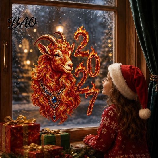 Christmas Glass Decoration Chinese New Year Window Stickers, 2027 Goat Static Clings, Electrostatic Film Reusable Lunar Xmas Decor for Home