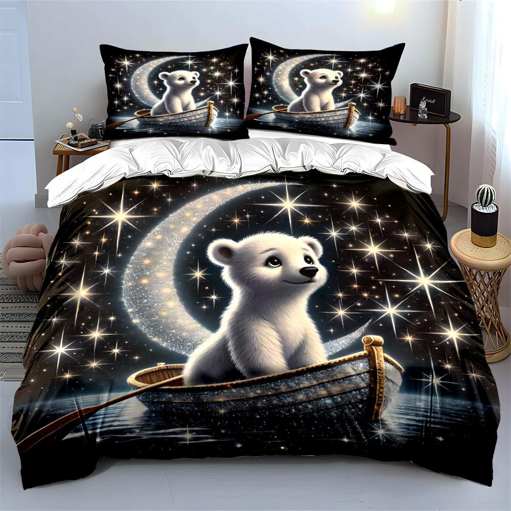 Polar Bear In Sparkling Boat Bedding Duvet Cover Set (1*Duvet Cover 2*Pillowcases, Without Duvet Insert)