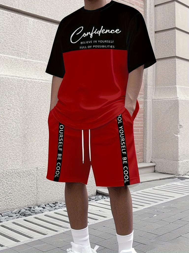 Men's Letter Print Crew Neck Short Sleeve Stylish Streetwear Men's Fashion Set Summer Casual Outdoor Vacation Two-Piece Set