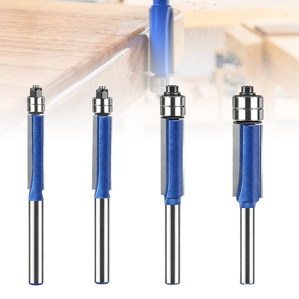 Double Bearing Flush Trim Router Bit Set, 2026 Upgrade Dual Bearing Trimming Tool Set 1/4-Inch New Deburring and Polishing Tool Size Universal (4PCS)