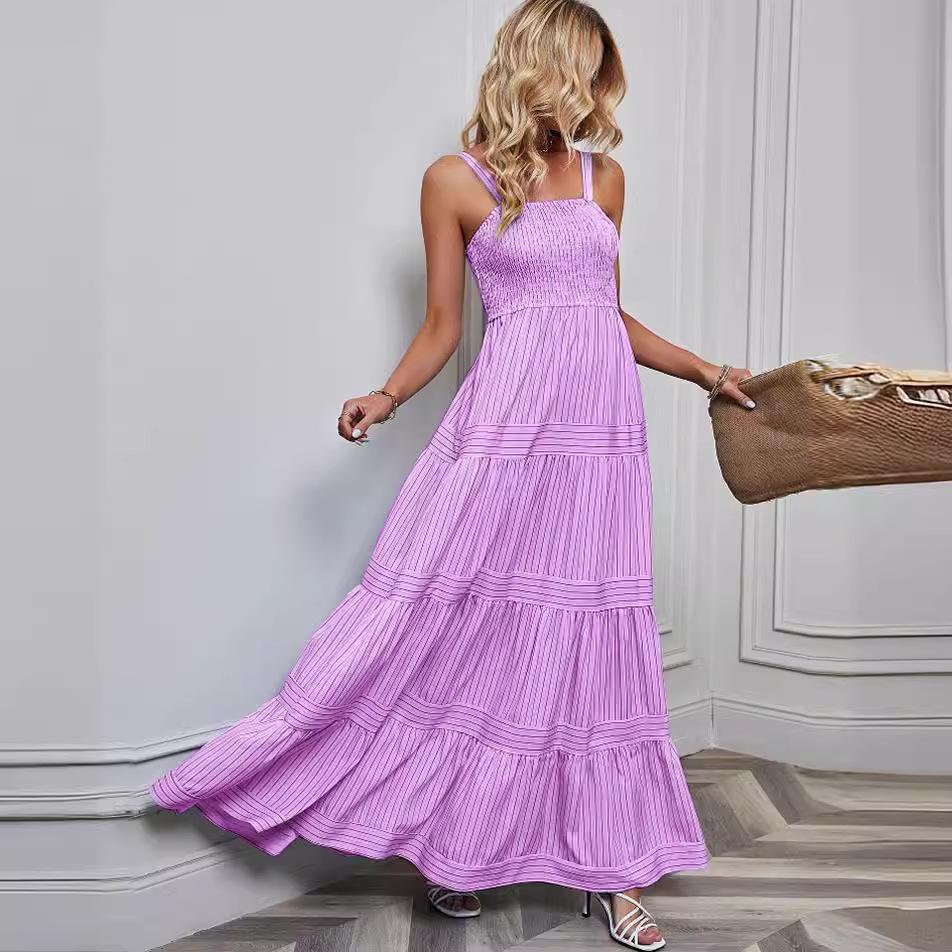 2024 Frühling/Sommer Europäisches & Amerikanisches Damen Sexy Gestreiftes Taillenbetonendes Trägerkleid