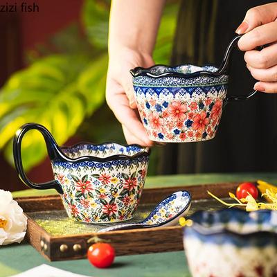 Cana din ceramica cu flori, ceașcă de apă vintage, cești de mic dejun, ceașcă de cafea, ceai cu lapte, castron pentru desert, castron cu fructe, boluri cu salată, boluri cu tăiței