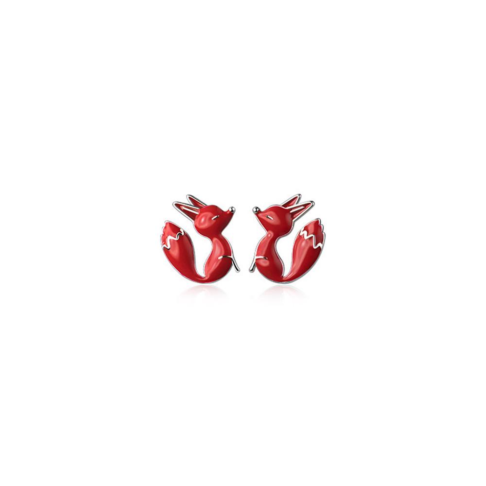 Cute Female Red Enamel Fox Stud Earrings Silver Color Wedding  For Women