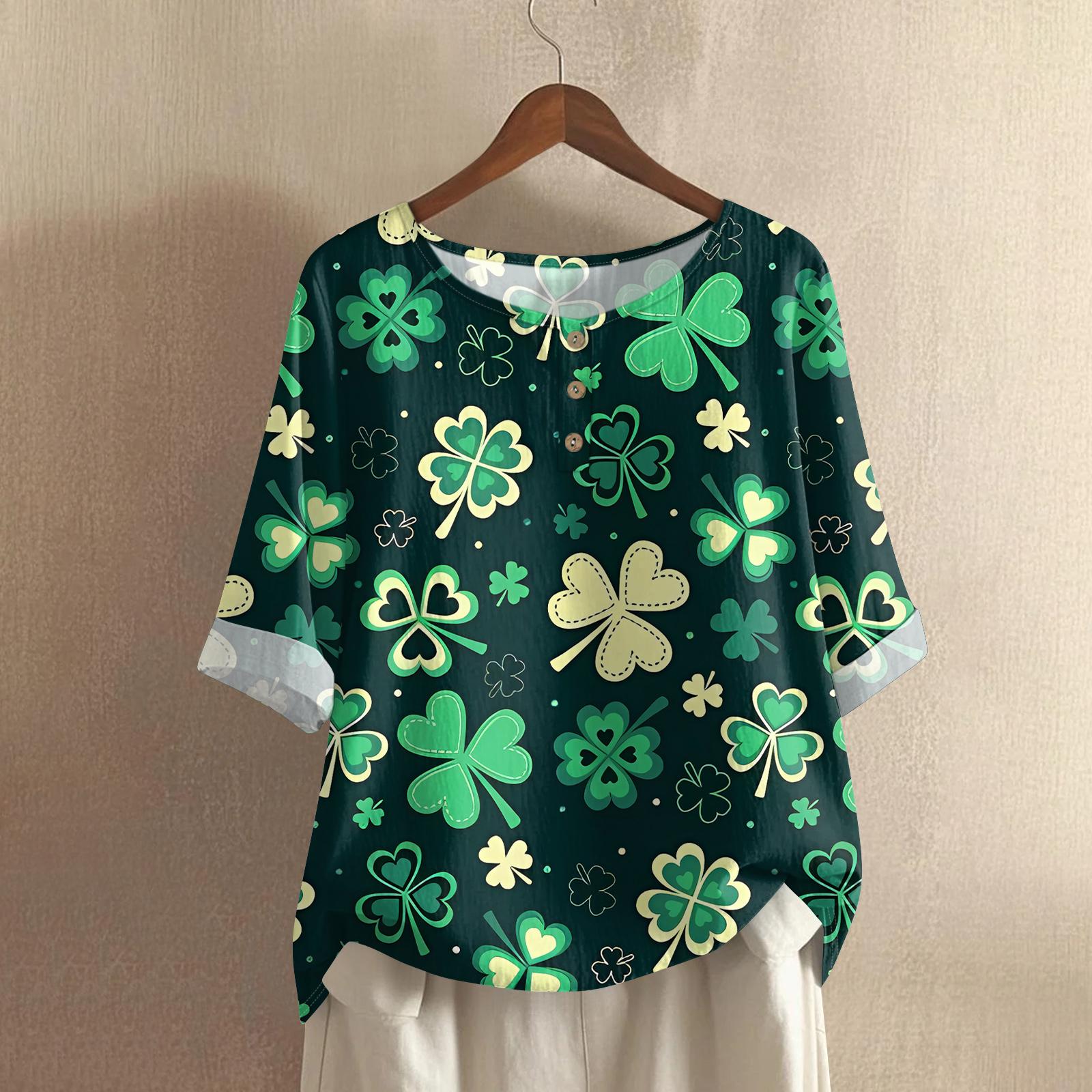 

Women s Casual Mid-Sleeve Round Neck St. Patrick s Day Print Cotton-Linen Blend Top M