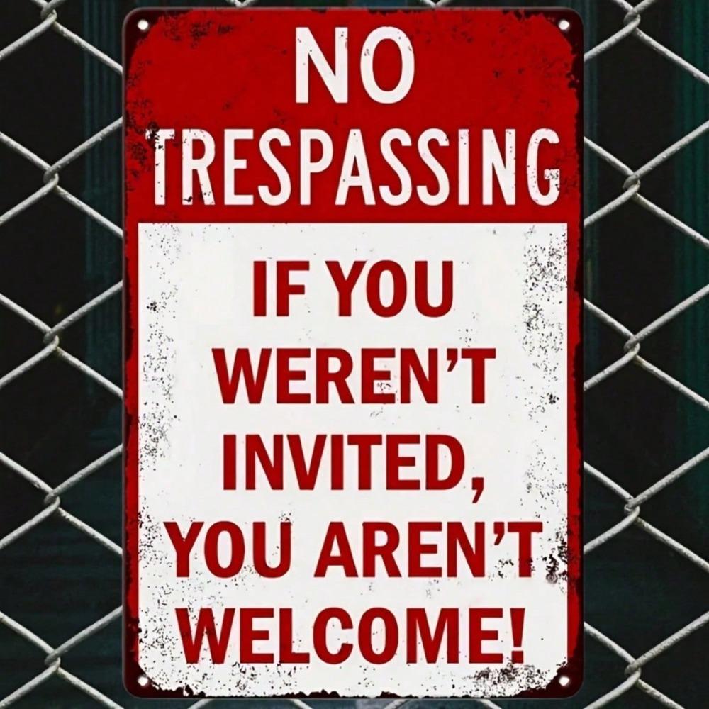 Funny No Trespassing Vintage Metal Sign, Rustic Tin Plaque Red Border Waterproof for Garage Man Cave Farmhouse Decor