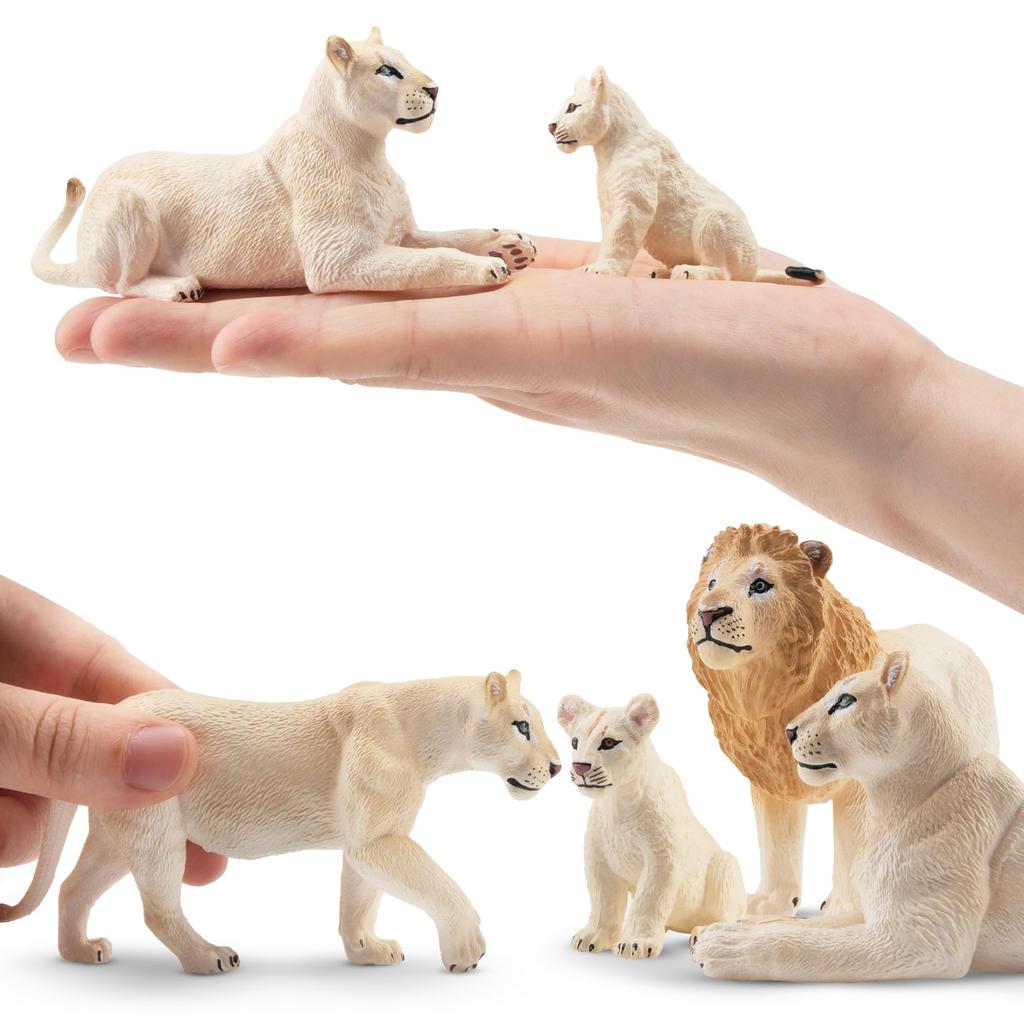 TOYMANY 6-Piece Lion Figure Set, White Lion Figures, Wildlife Models for Parents and Children, Realistic Animal Models for Home and Family Use,