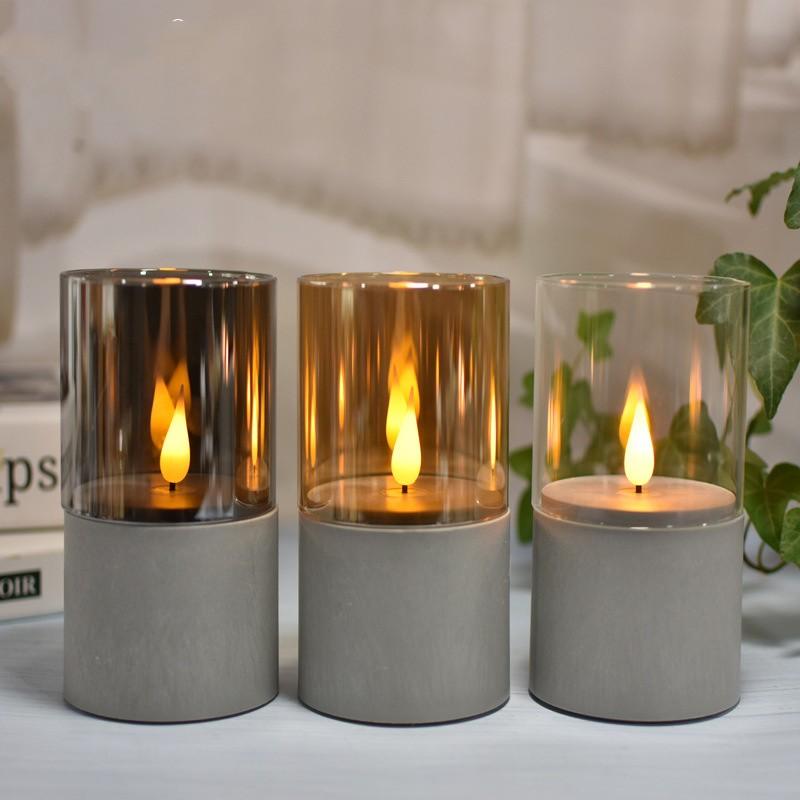 3pcs Glass Flameless Candles Battery Operated Flickering LED Pillar Candle Marbling Fake Wax with Timer for Home