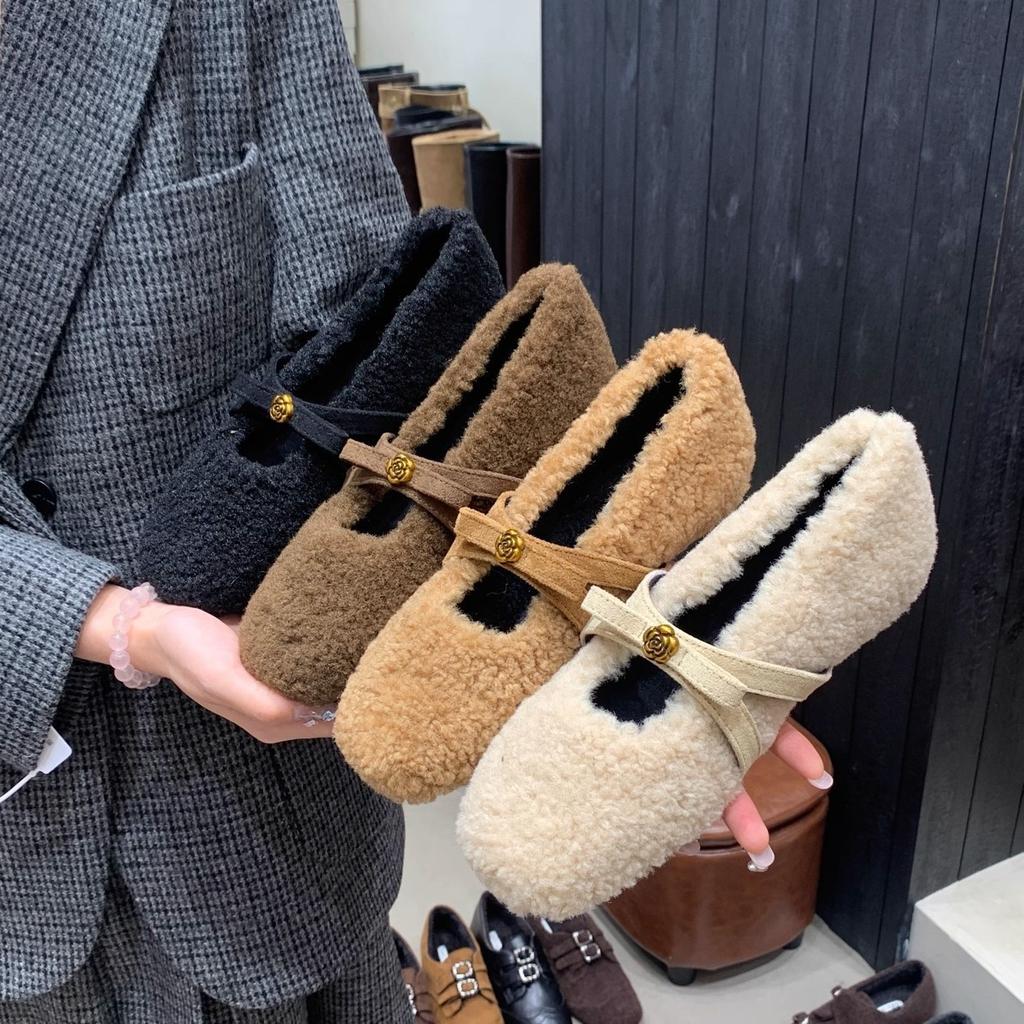 Inner height increase gentle shallow mouth Mary Jane shoes autumn and winter soft sole plush beanie shoes women