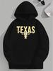 Plus Size Texas Longhorn Steer Hoodie - Casual Gray Sweatshirt with Bold Yellow "TEXAS" Design