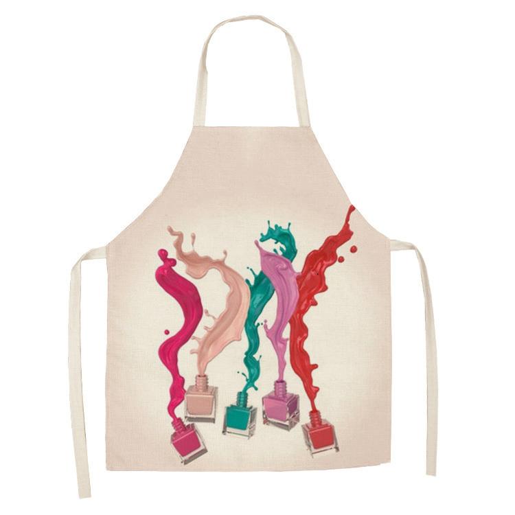 New Linen Colorful Nail Polish Cosmetics Theme Print Kitchen Aprons Unisex Dinner Party Cooking Bib Funny Cleaning Apron Barber
