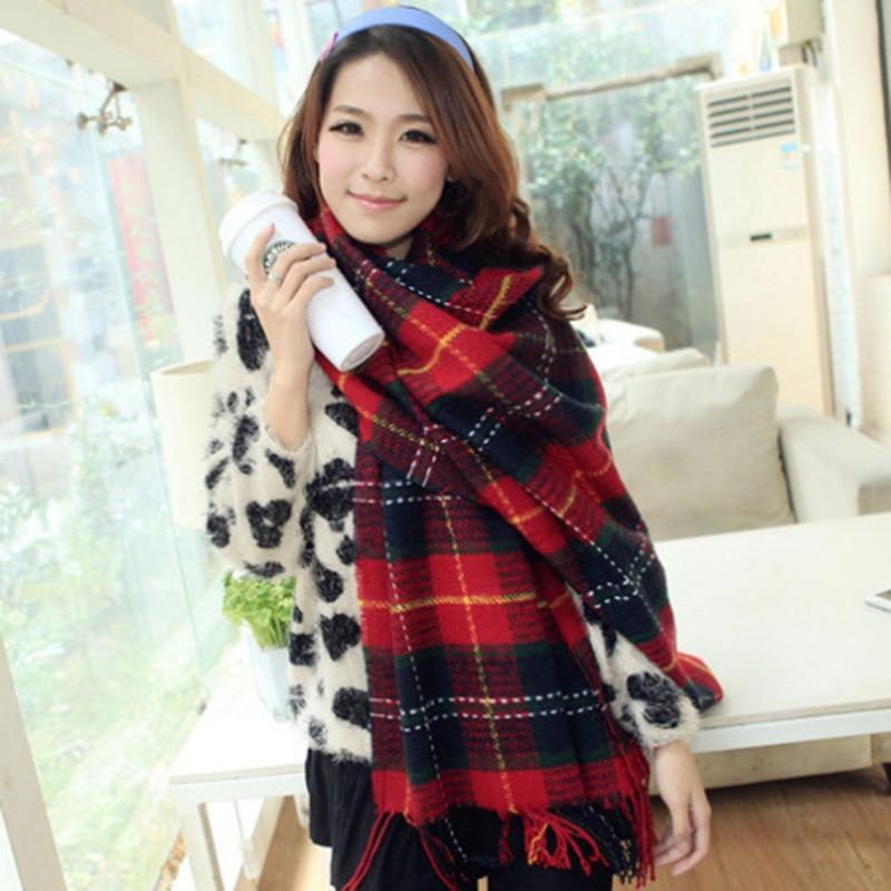 Plaid scarf women's autumn and winter versatile imitation cashmere thickened warm fringed scarf shawl