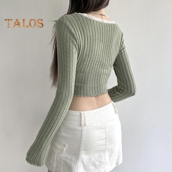 Women Tops V-Neck Lace Stitching Long Sleeve Irregular Hem Pullover Tops Solid Color Ribbed Slim Fit Cropped Tops