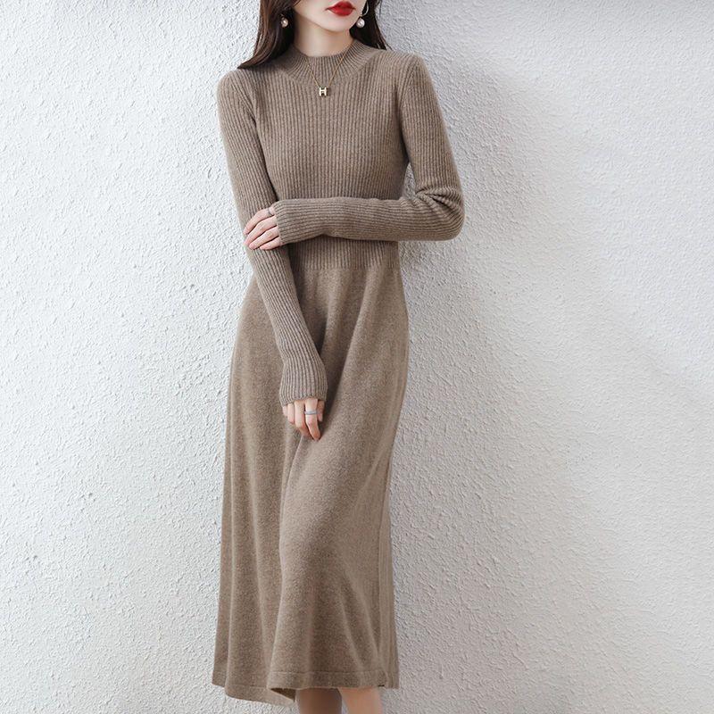 Autumn and Winter Knitted Dress for Women's Casual Mid-length Half Turtleneck Pullover Long-sleeved Sweater Dress