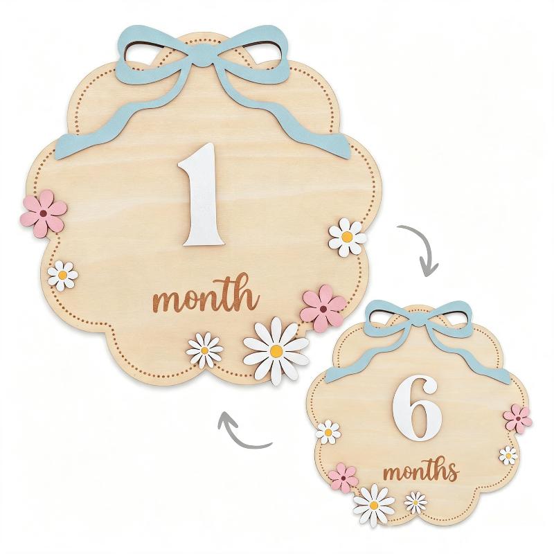 Marqueurs de jalons mensuels pour bébé en bois non toxique, nœud rose, style floral, accessoires adorables pour photos de nouveau-né pour album souvenir