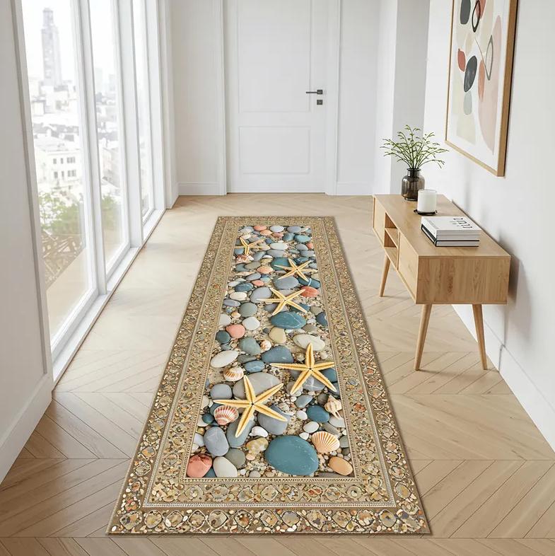 3D plážový oblázek Běhoun na podlahu Hvězdice Mušle Vzor Podložka Absorpční Protiskluzový Koberec do chodby pro obývací pokoj Ložnice Dekorace