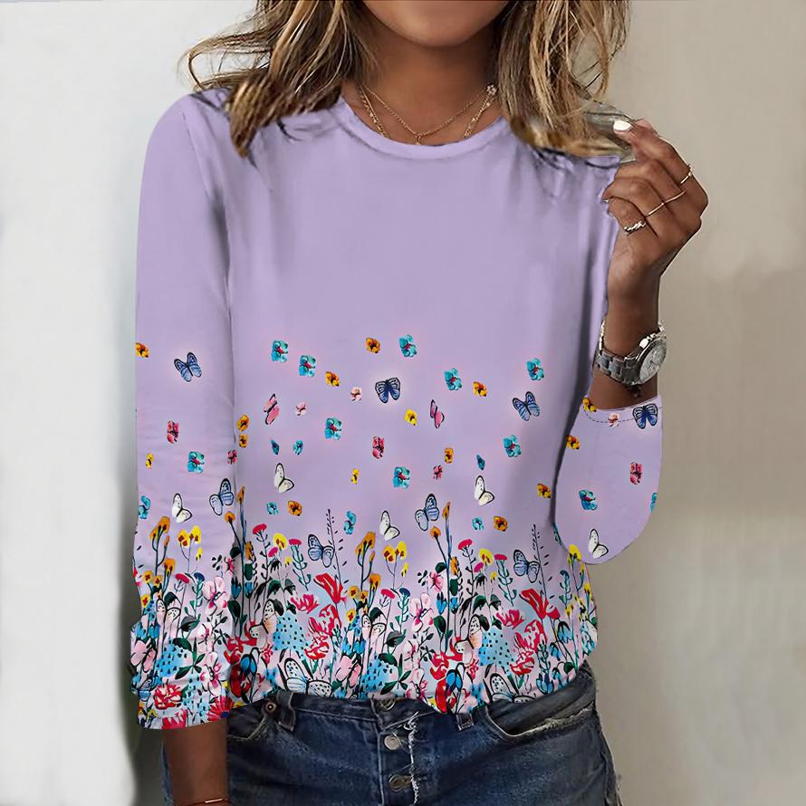 Tops For Women 3D Broken Flowers Print Round Neck Long Sleeve T-shirt Fall Casual Slim Pullover Women's Long Sleeve Top