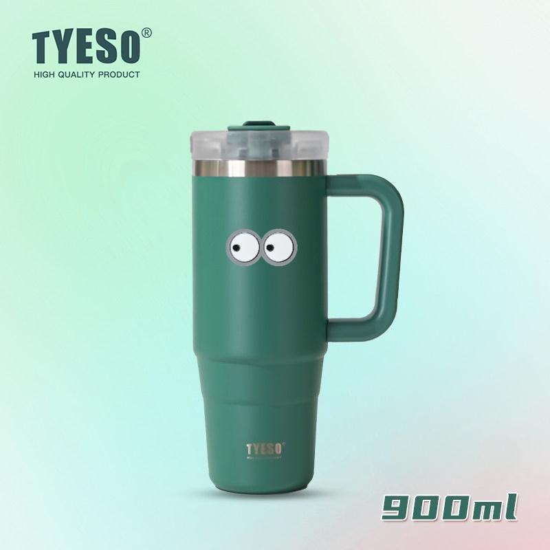 Tyeso 900ML Big Capacity Vacuum Cup With Handle Straw Stainless Steel Car Mug Thermal Iced Travel Insulated Tumbler Bottle With Eye Sticker 900ML зелёный
