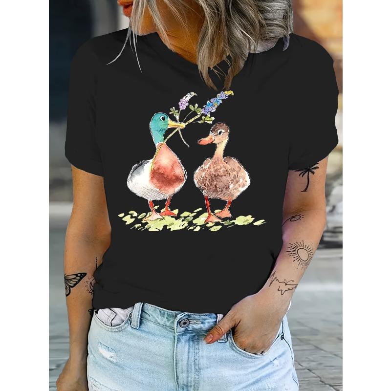 

Women Greenhead Duck Floral Print T-Shirt Round Neck Short Sleeve All-Season Casual Whimsical Regular Fit Top 4XL