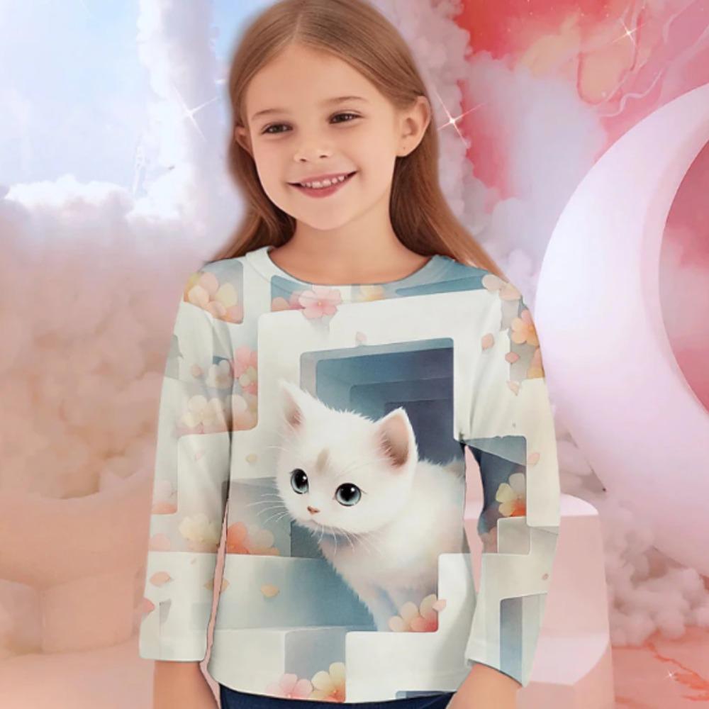 Kids Crew Neck Long Sleeve T‑Shirt, Cute Cat 3D Print Casual Loose Halloween Party Daily Wear Tops for Children